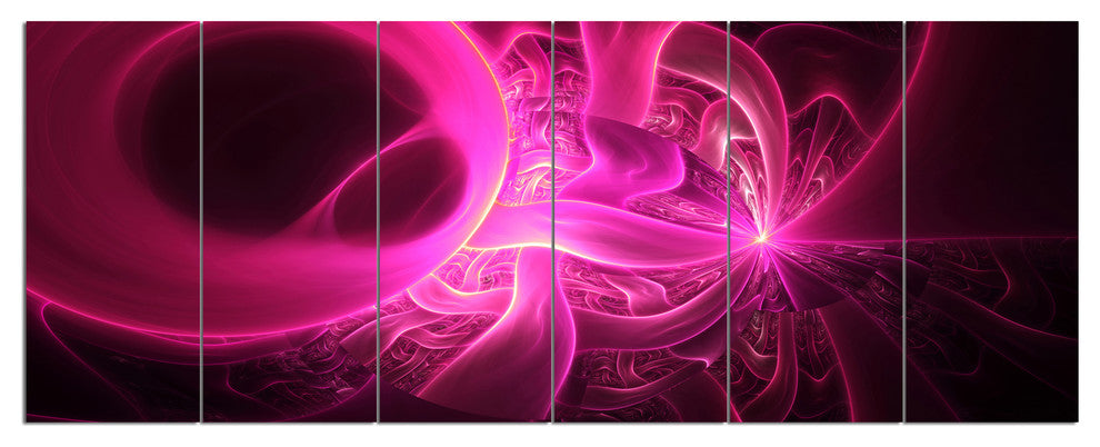 Bright Pink Designs on Black, Abstract Wall Art Canvas, 70"x28", 6 Panels