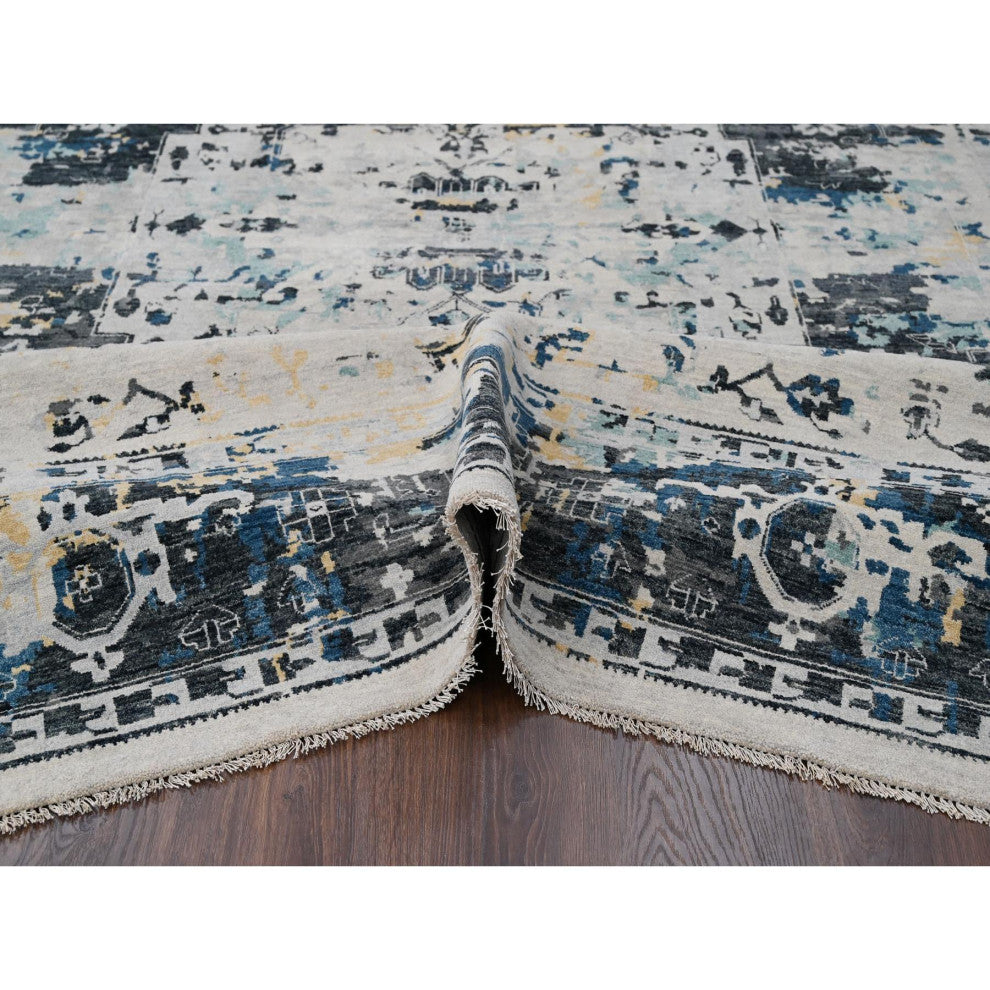 Ivory and Blue Hand Knotted Soft Wool Persian Design Oriental Rug  8'10"x12'