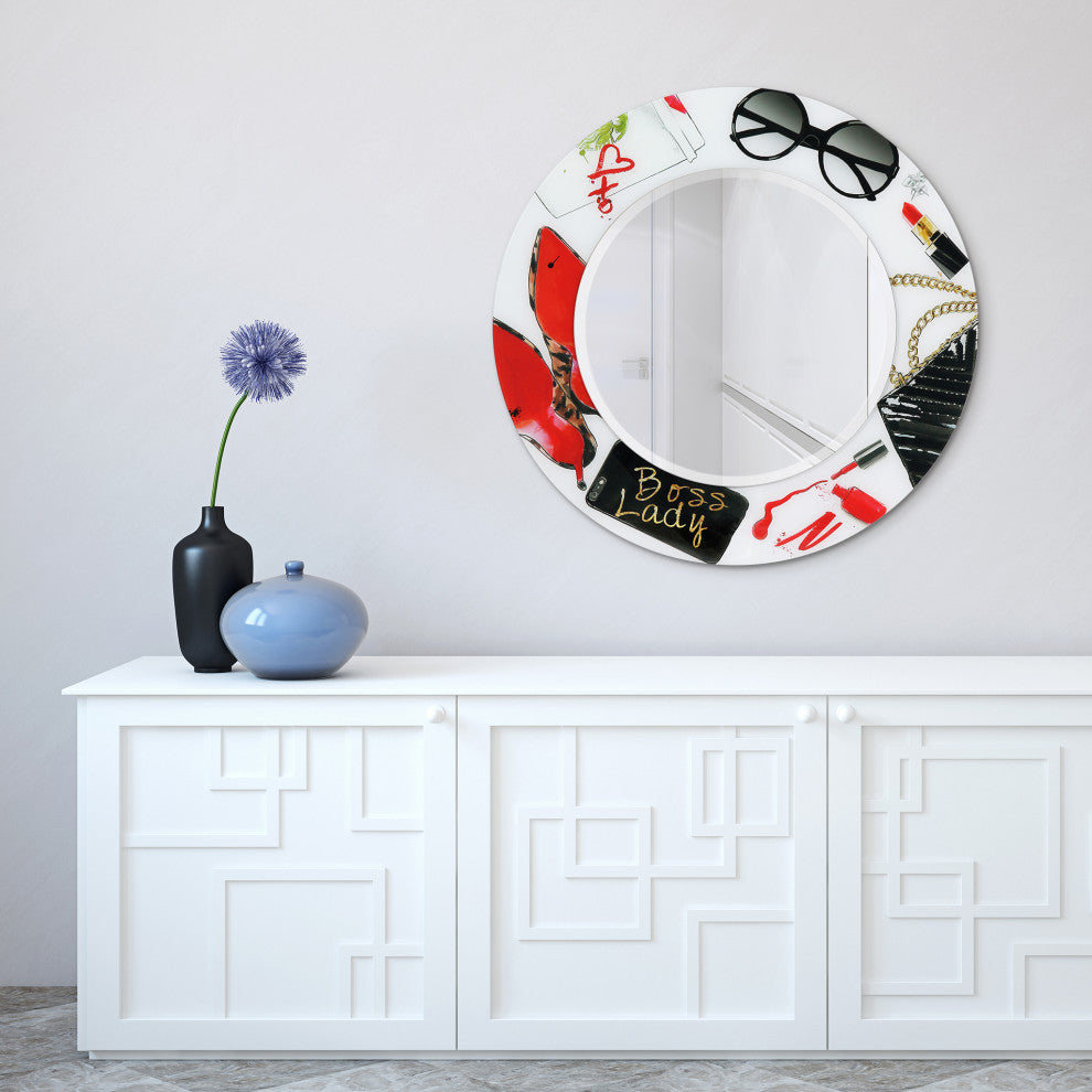 "Boss Lady" Round Beveled Wall Mirror on Floating Printed Tempered Art Glass