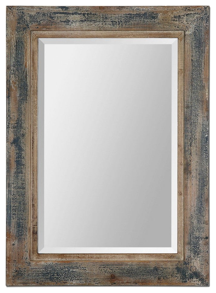 Rustic Rectangular Mirror in Distressed Slate Blue Finish Aged Wood Un