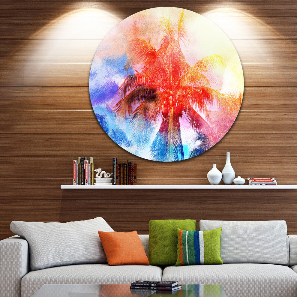 Retro Palms Red Watercolor, Trees Painting Disc Metal Artwork, 11"
