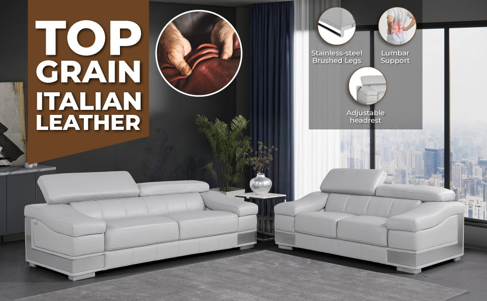 Milan Contemporary Genuine Italian Leather Loveseat Light Gray