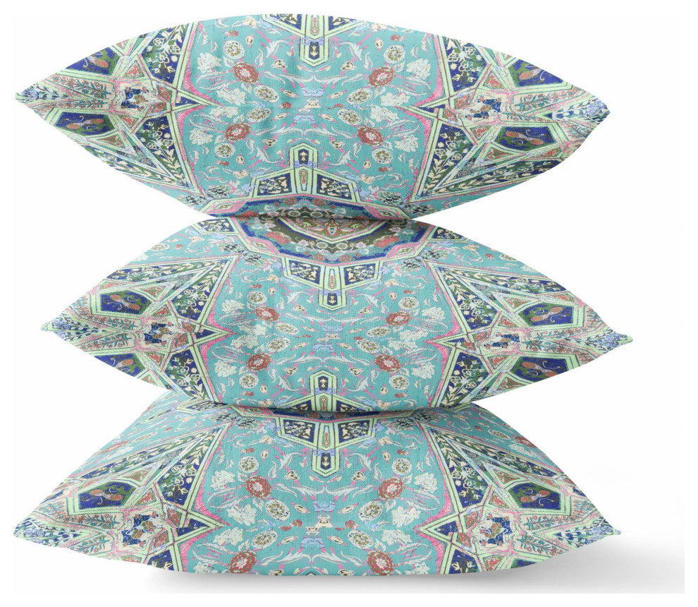 18" Aqua Blue Floral Geometric Suede Throw Pillow