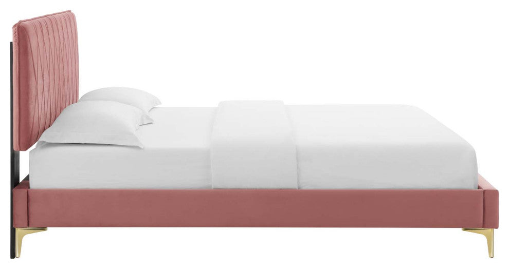 Platform Bed Frame, Queen Size, Velvet, Pink, Modern Contemporary, Bedroom