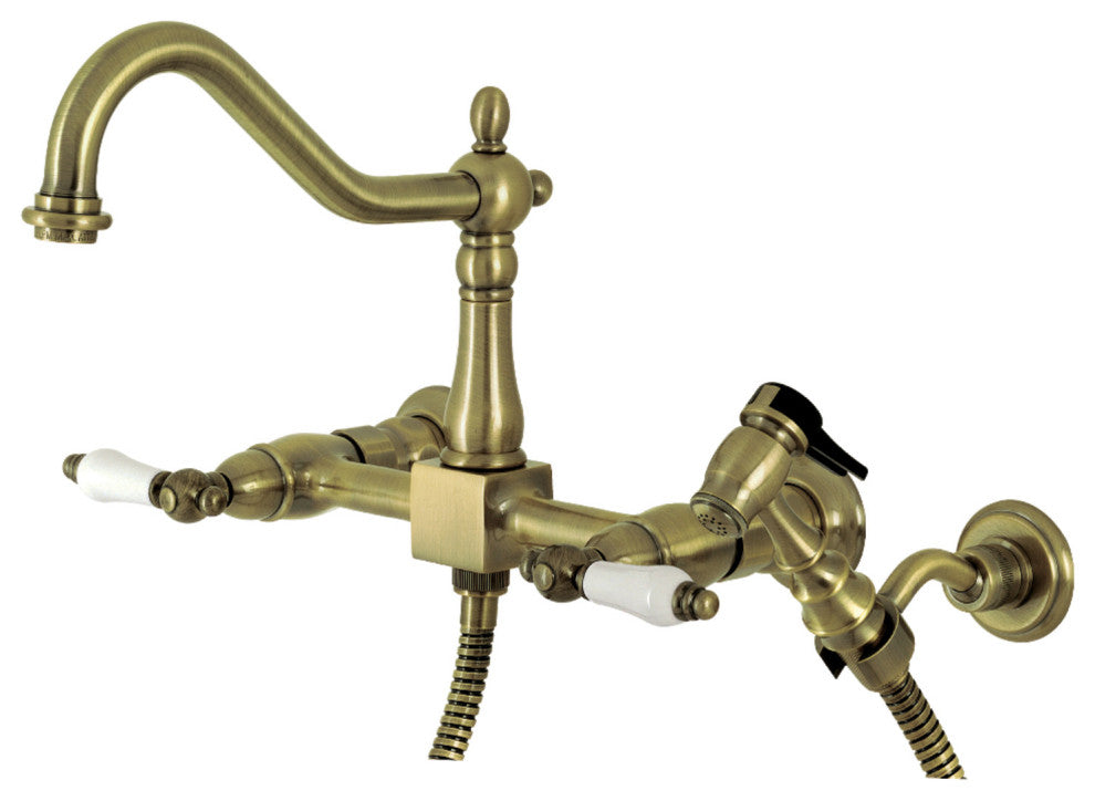 KS1243PLBS Wall Mount Bridge Kitchen Faucet With Brass Spray, Antique Brass