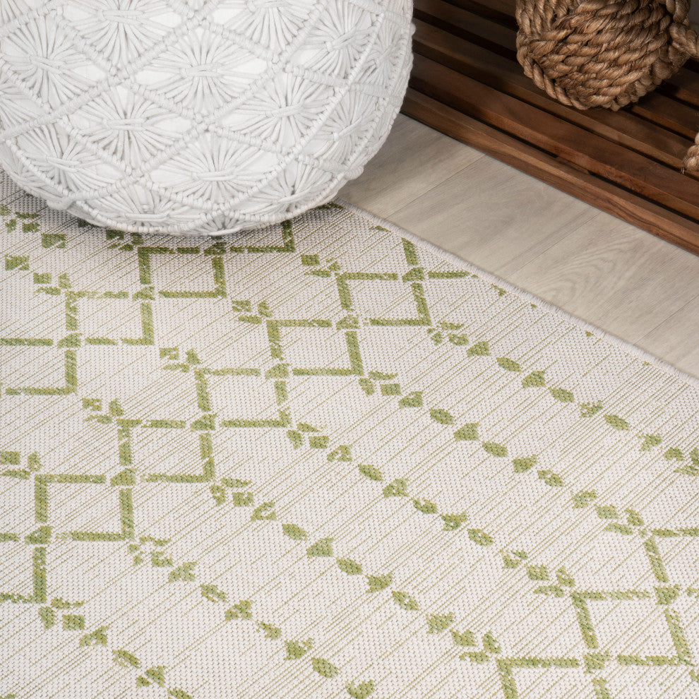 Ourika Moroccan Geometric Indoor/Outdoor Rug, Cream/Green, 2x10