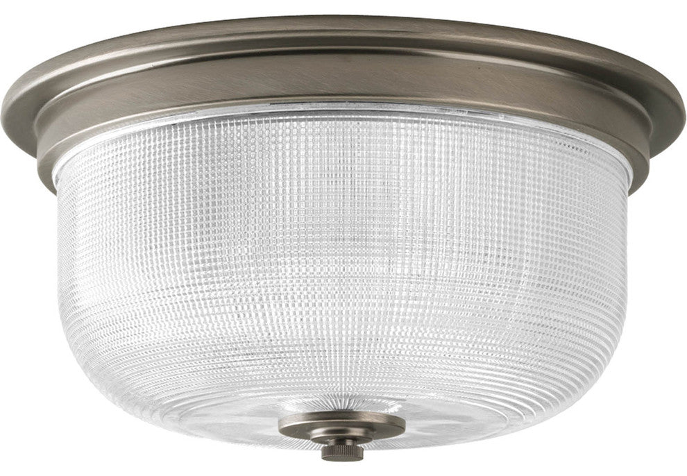 Archie 2-Light Flush Mount, Antique Nickel and Clear double prismatic