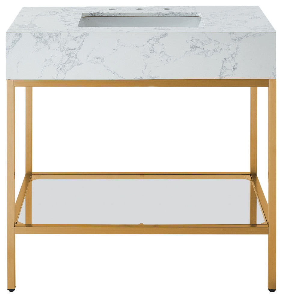 Marmo Bathroom Vanity, White, 36" Wide, Brushed Brass Finish