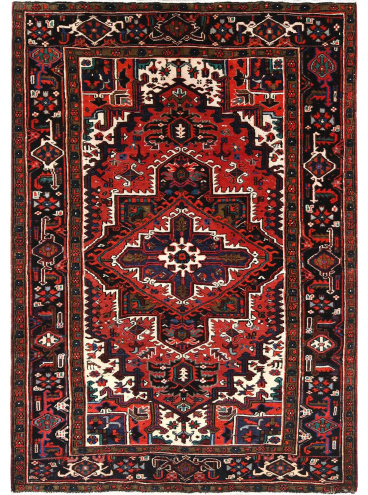 Tomato Red Vintage Zorostrian Heris Hand Knotted Worn Wool Rug, 6'8"x9'3"