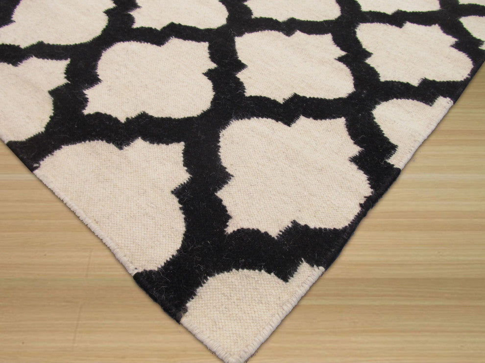 Handmade Wool Black Transitional Trellis Reversible Rug, 8'x10'