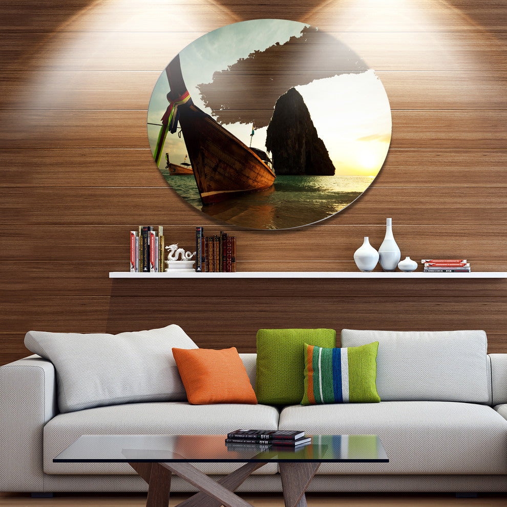 Tropical Beach With Huge Boat, Seashore Round Metal Wall Art, 11"