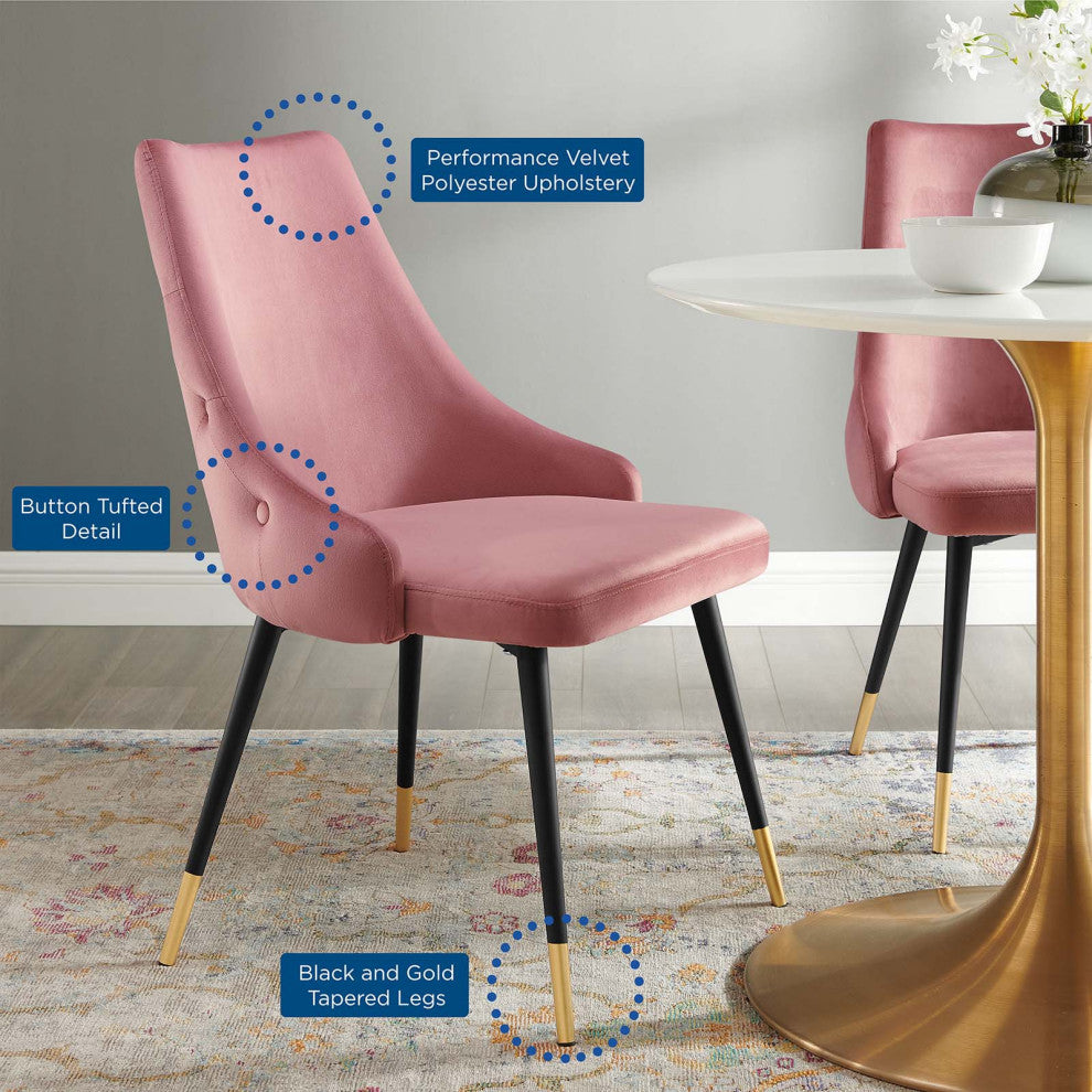 Tufted Side Dining Chair, Velvet, Pink, Modern, Bistro Restaurant Hospitality