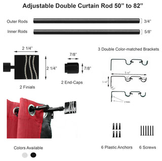2 Pack Adjustable 3/4" Double Window Curtain Rod 50" to 82", Black