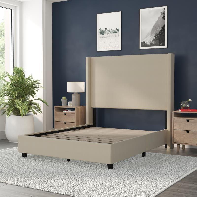 Quinn Upholstered Platform Bed with Channel Stitched Wingback Headboard, Beige, Full