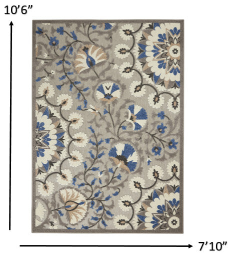 8' X 11' Blue And Gray Floral Indoor Outdoor Area Rug