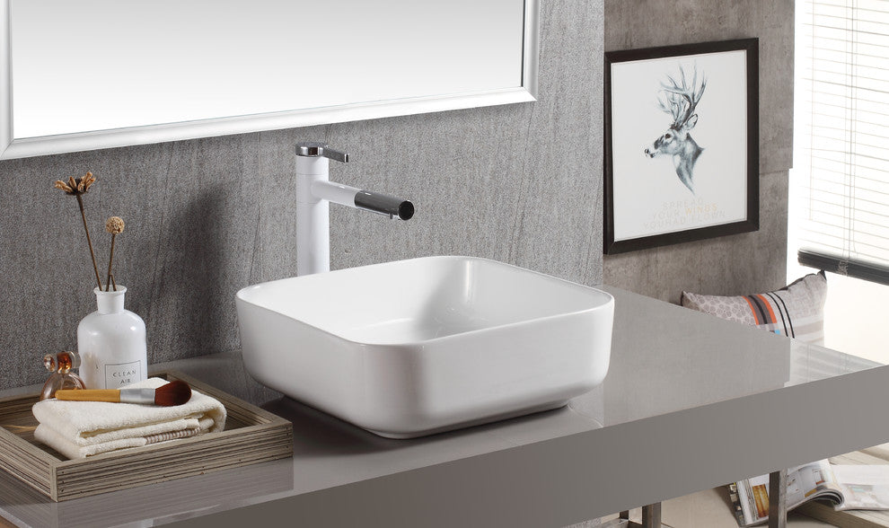 ELANTI EC1802 Porcelain Square Vessel Sink, White