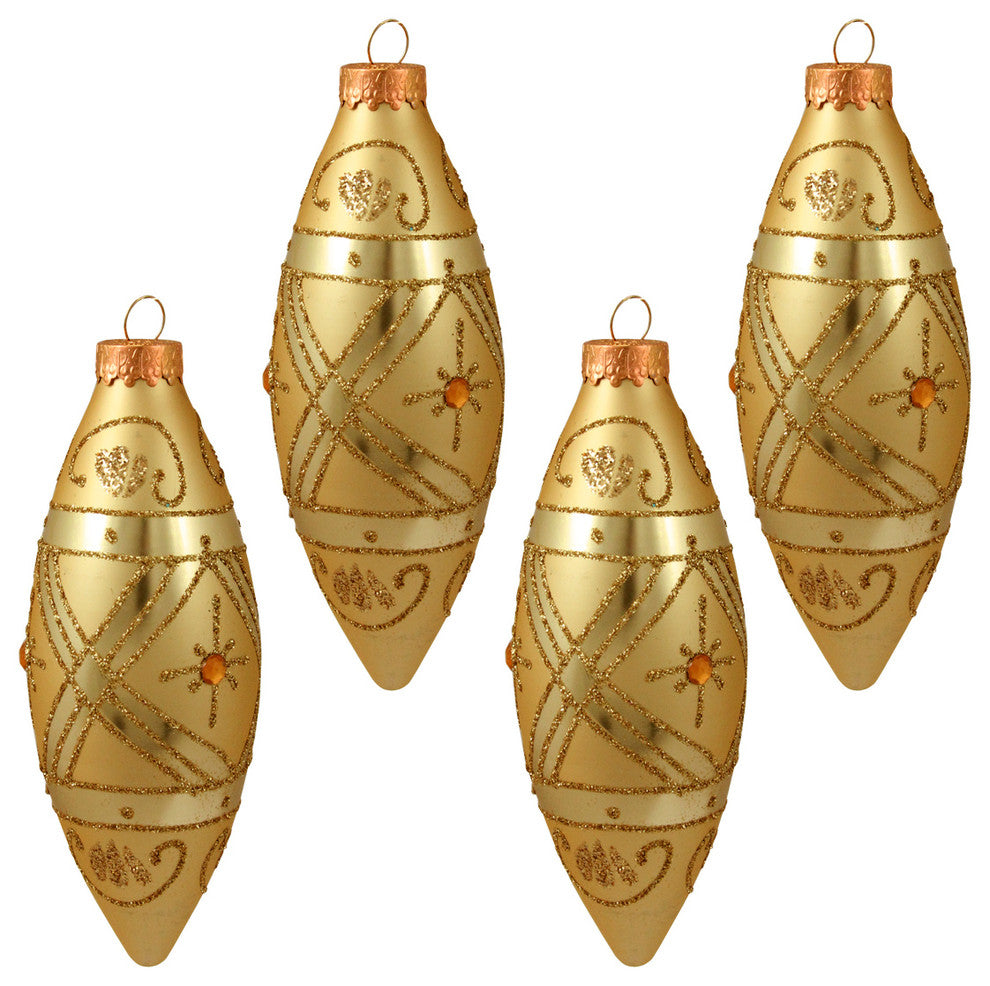 Glitzy Glittered Glass Finial Christmas Ornaments, Matte Antique Gold, Set of 4