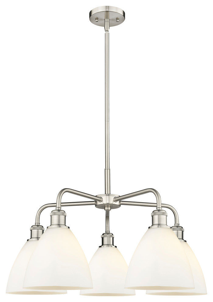 Bristol Glass 5-Light 26" Stem Chandelier, Satin Nickel With Matte White Shade