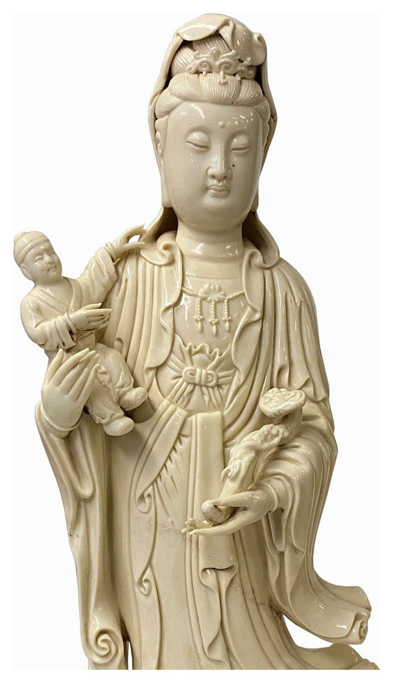 Chinese Off White Porcelain Song Zi Kwan Yin With a Boy Figure / Statue Hf312