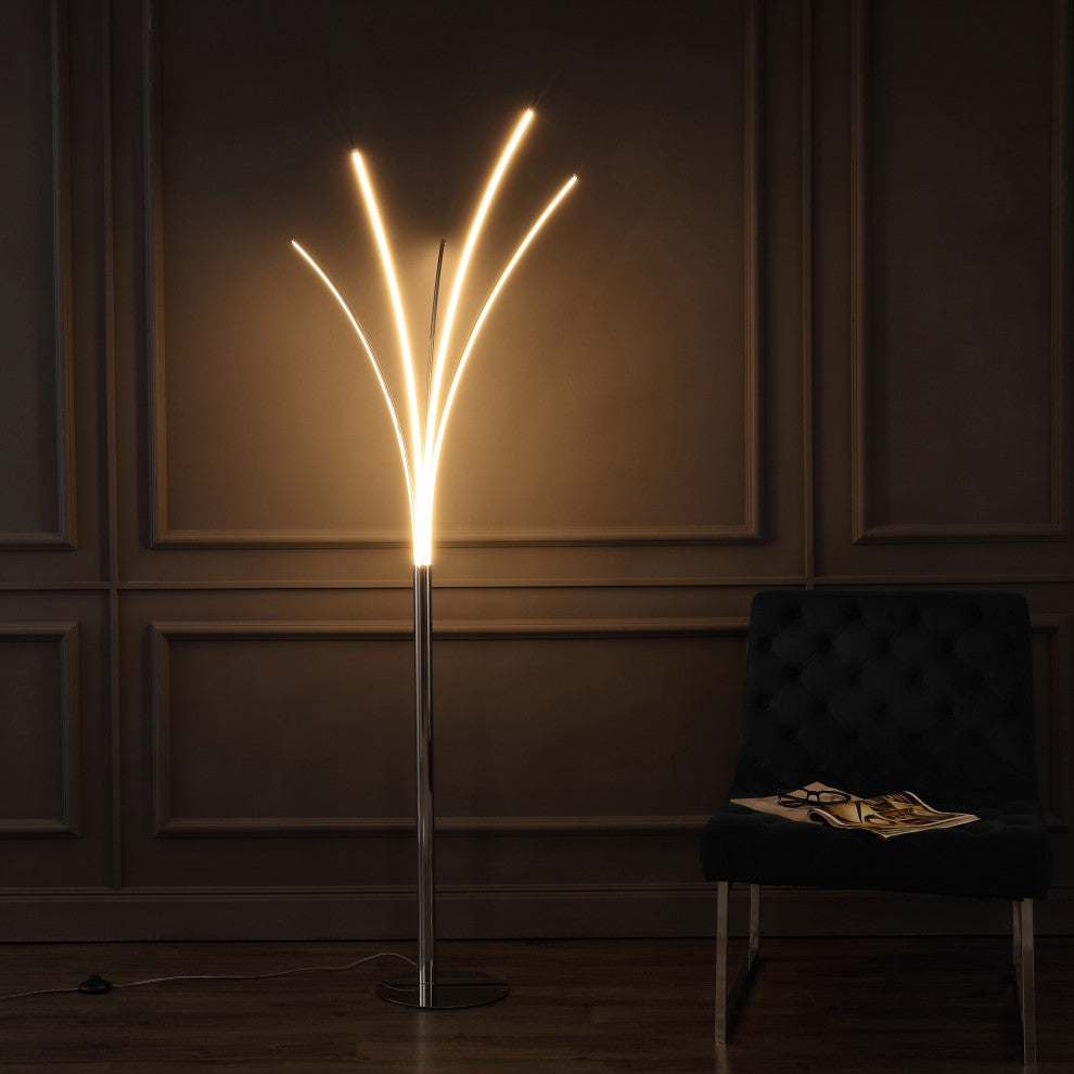 Minimalist Metal 5-Branch Arc Dimmable Integrated LED Floor Lamp, Remote Control