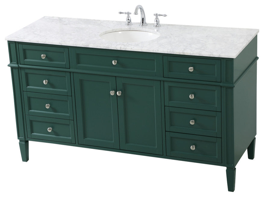 Home Living Vanity with Carrara White Marble Countertop, Green, 60", Single Sink