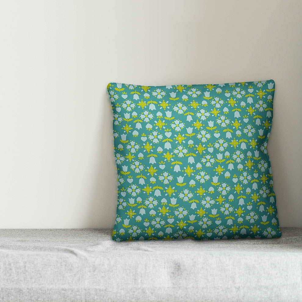Tulip Pattern, Blue Throw Pillow Cover, 16"x16"