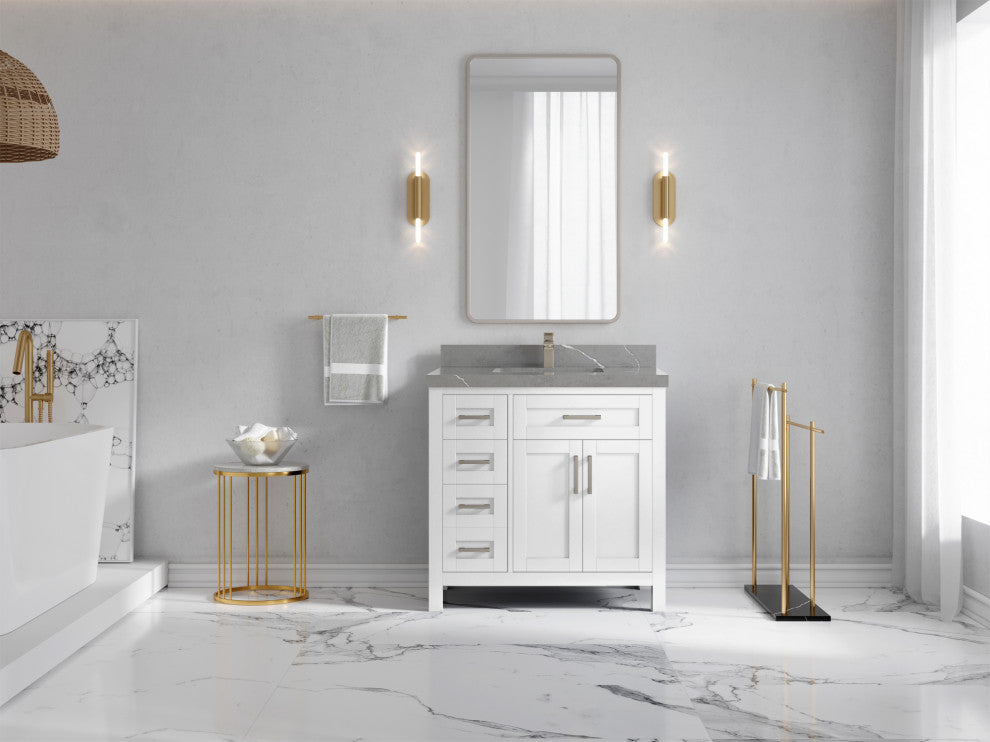 Cambridge 36 Center Sink Bath Vanity in White 2" Piatra Gray