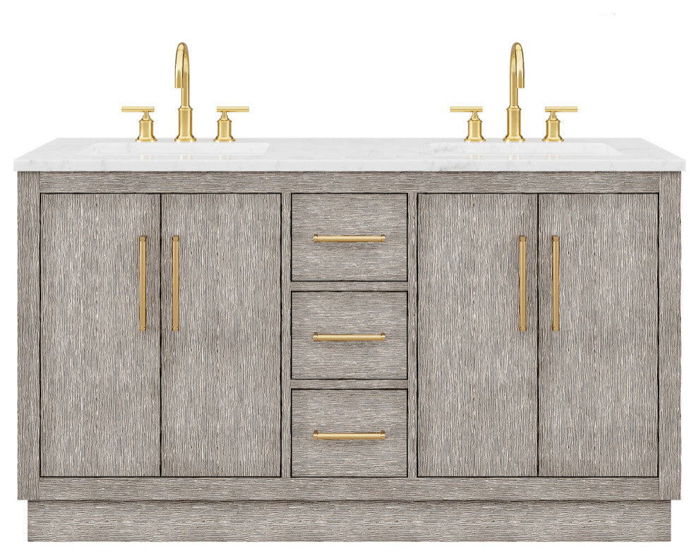 Hugo Carrara White Marble Countertop Vanity in Gray Oak, Satin Gold Hardware, 60", Vanity With Gooseneck Faucet
