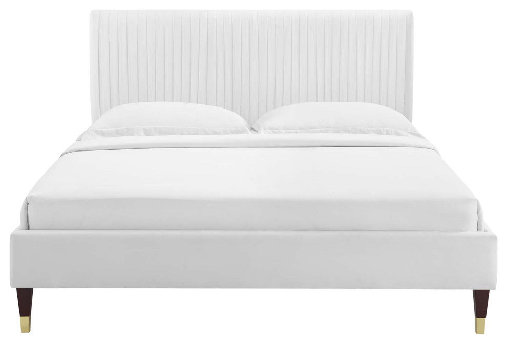 Platform Bed Frame, Full Size, Velvet, White, Modern Contemporary, Bedroom