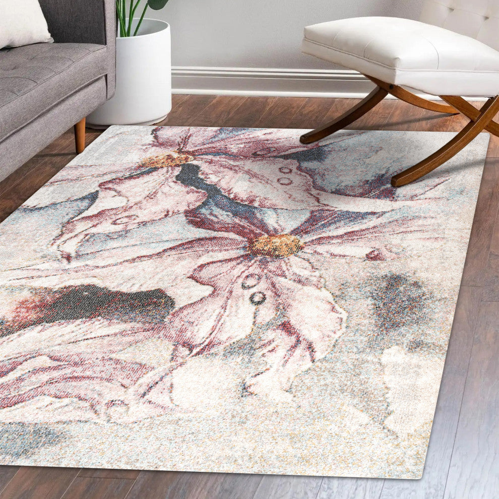 Pastello Modern Abstract Muted Flowers Area Rug, Pink/Gray, 3x5