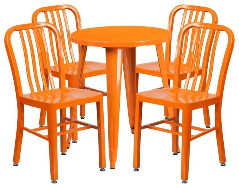 24'' Round Orange Metal Indoor-Outdoor Table Set, 4 Vertical Slat Back Chairs