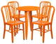 24'' Round Orange Metal Indoor-Outdoor Table Set, 4 Vertical Slat Back Chairs