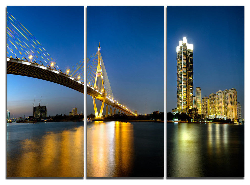 "Lit-up Bhumibol Bridge at Dusk" Metal Wall Art, 3 Panels, 36"x28"