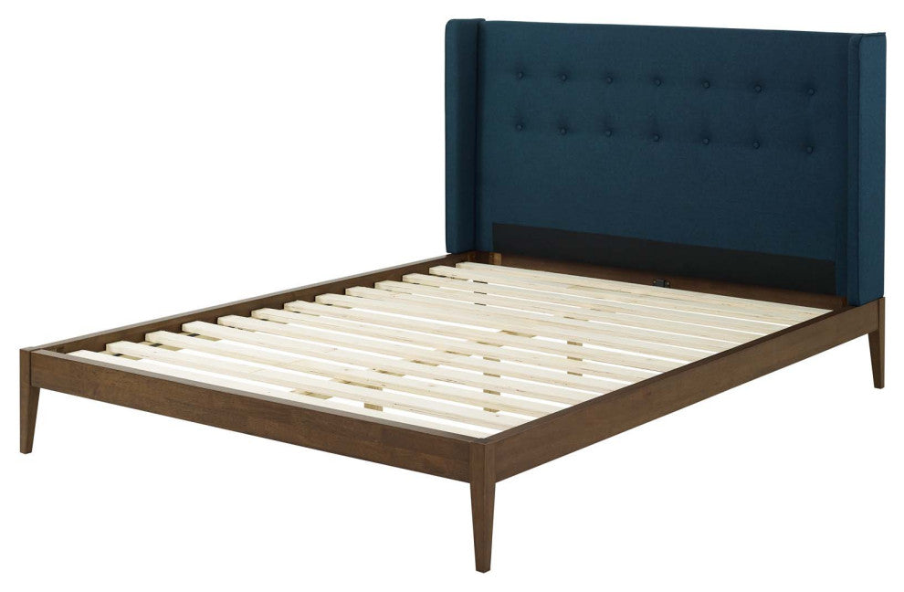 Contemporary Modern Bedroom Queen Size Platform Bed Frame, Fabric, Blue