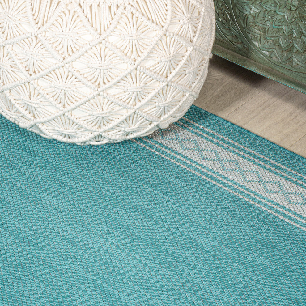 Lucia Classic Diamond Border Indoor/Outdoor Area Rug, Aqua/Light Gray, 8x10