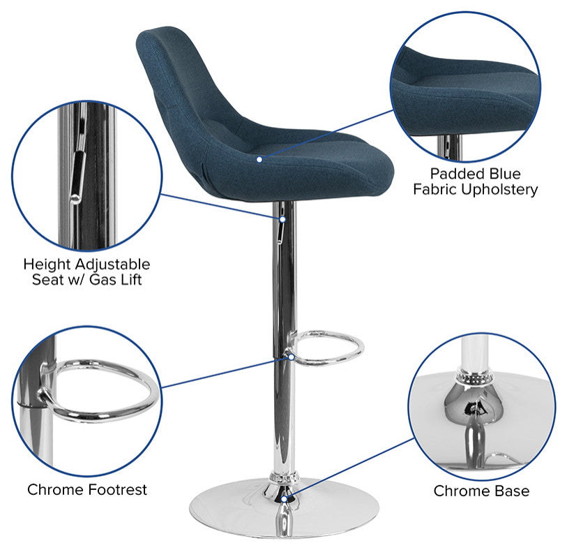 Contemporary Adjustable Swivel Bar Stool With Support Pillow, Blue Fabric