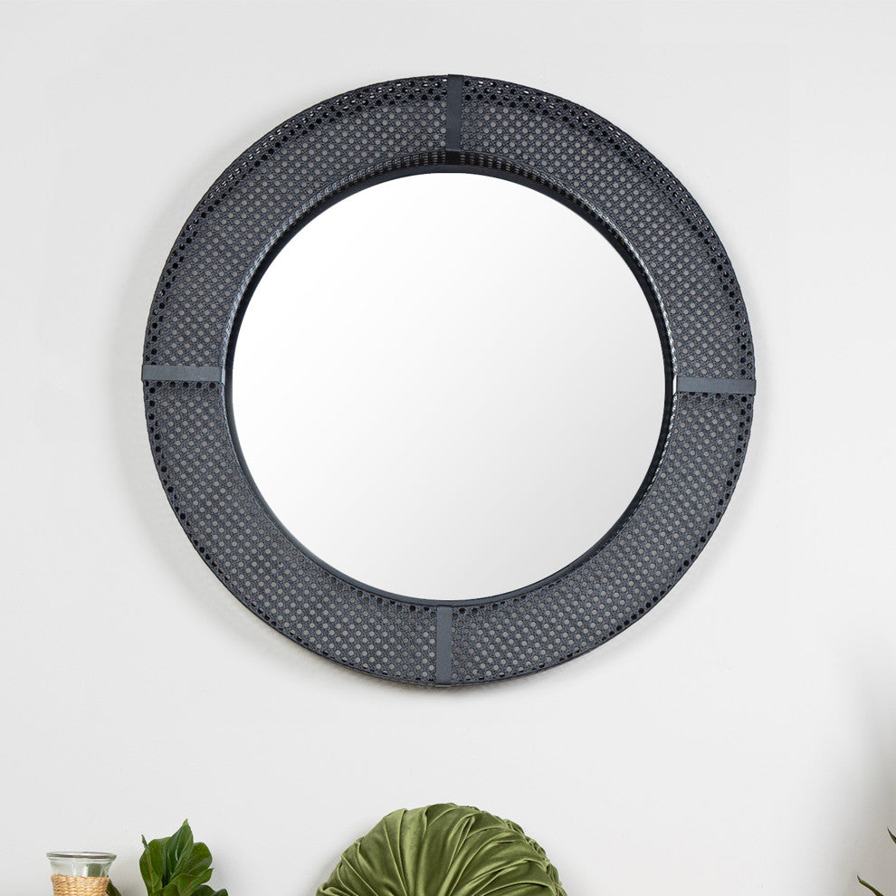 Black Metal Cane Webbing Round Wall Mirror