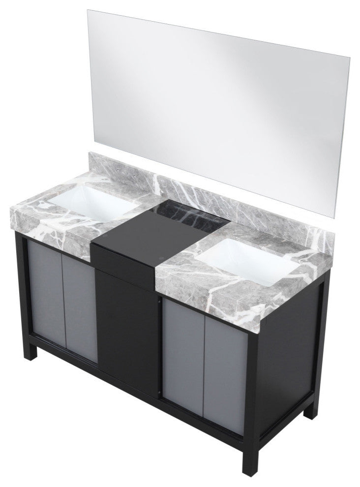 55" Double Vanity, Marble Tops, White Square Sinks, And 53" Frameless Mirror