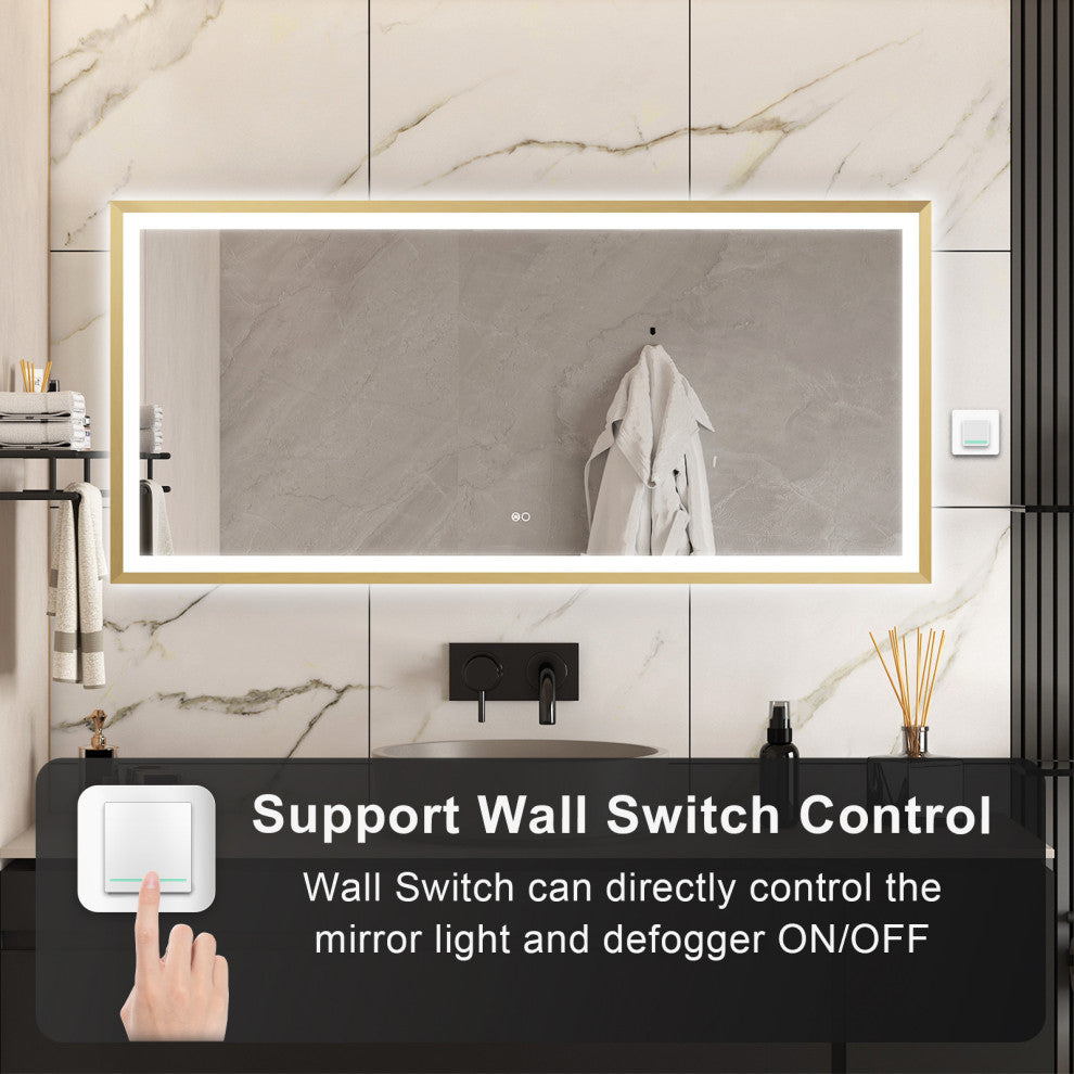 Beveled Bathroom LED Mirror Framed, Backlit and Front Light, Gold, 60"x28"