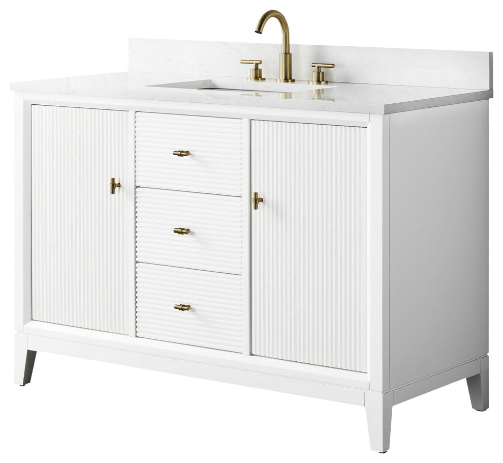 Vanity Art Bathroom Vanity with Engineered Marble Top and Sink, White, 48", Golden Brushed
