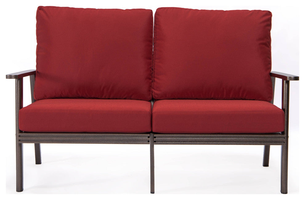 LeisureMod Walbrooke 3-Piece Patio Set With Brown Aluminum Frame and Cushions, Red