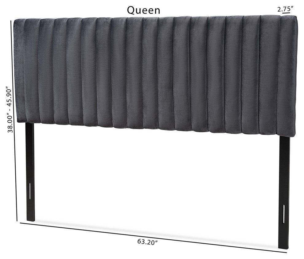 Gray Velvet Fabric Upholstered and Dark Brown Finished Wood King Size Headboard
