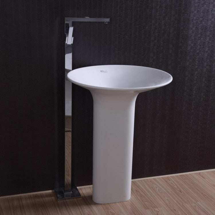 ADM Circular Freestanding Pedestal Sink, White, 23", Glossy White