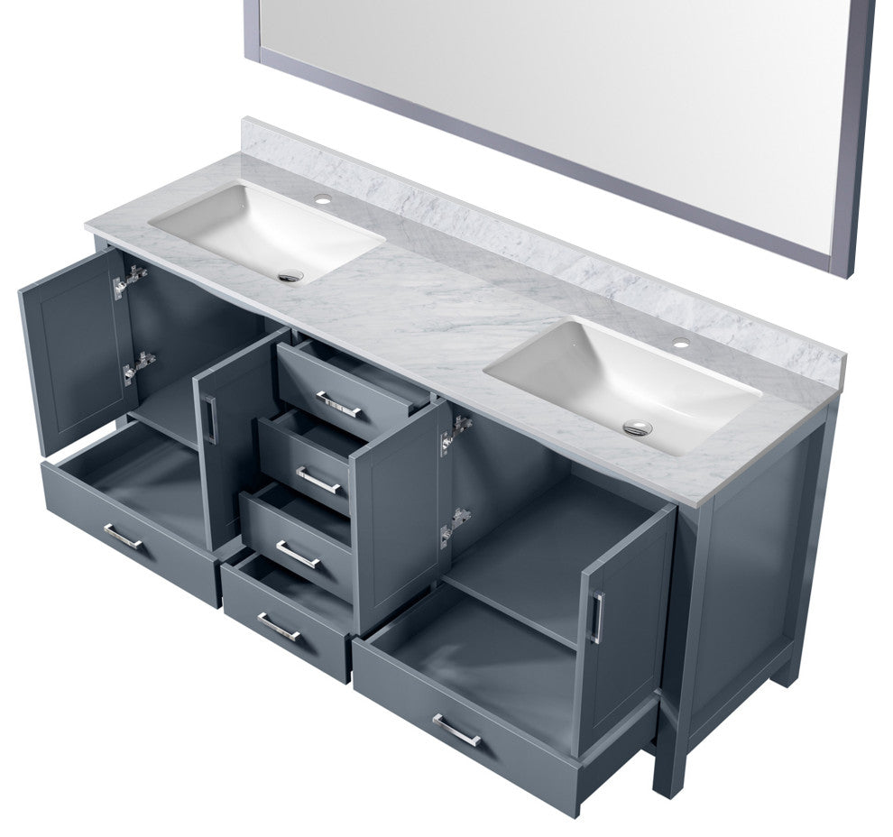 Jacques 72" Dark Gray Double Vanity Carrara Marble Top Sinks, 70" Wall Mirror