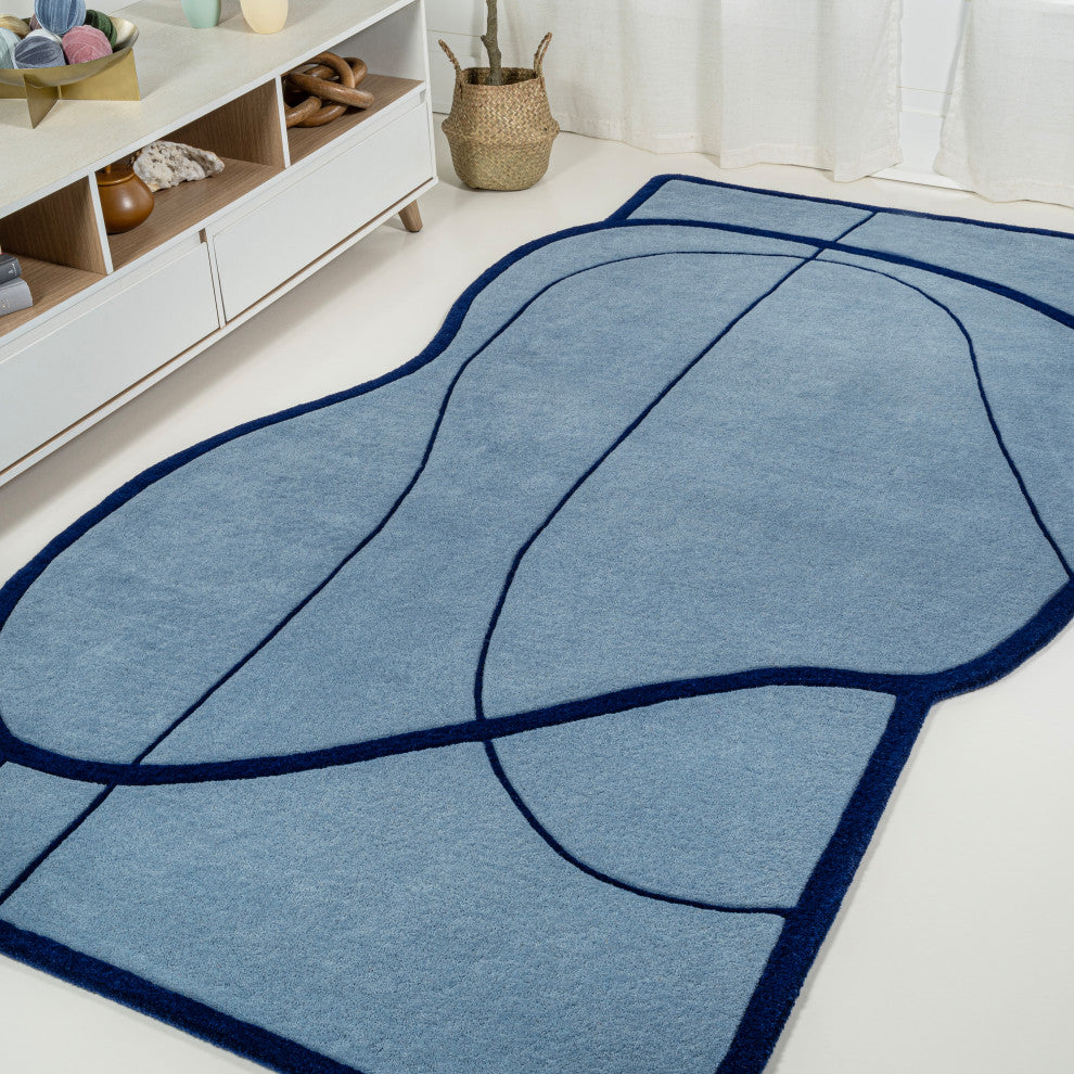 Mosaic Coastal Geometric Border Handwoven Wool Light  Rug