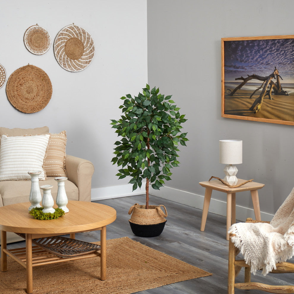 4' Ficus Artificial Tree in Boho Chic Handmade Cotton & Jute Black Woven Planter