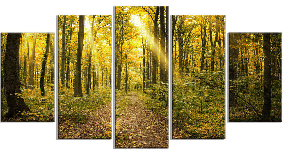 Sunset in Green Autumn Forest, Modern Forest Canvas Art, 60"x32", 5 Panels