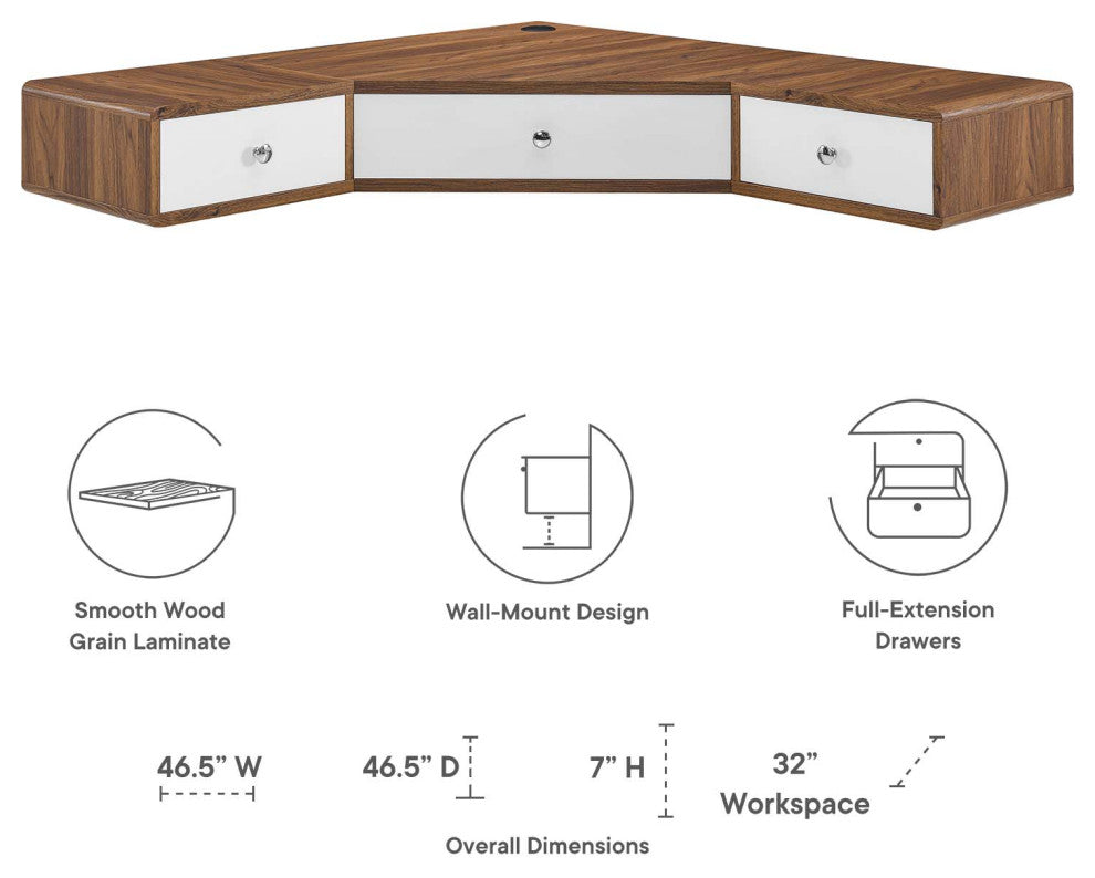 Transmit 47" Wall Mount Corner Walnut Office Desk, Walnut White