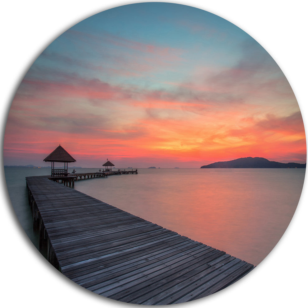 Gloomy Seashore With Long Wood Pier, Sea Pier Round Metal Wall Art, 23"