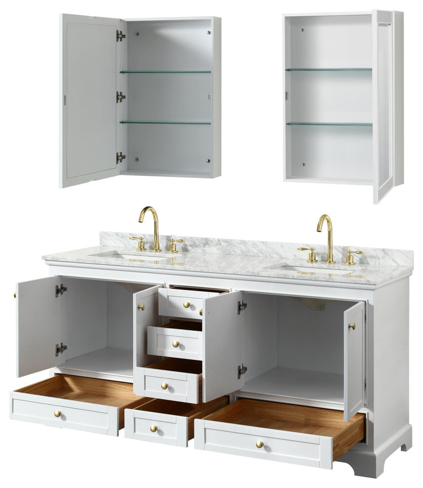 72"DBL Bath Vanity White, Carrara Countertop, Sinks, Gold Trim, Med.Cabinets